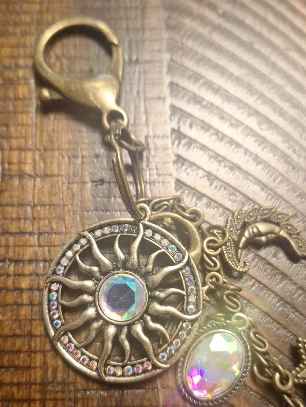 Bronze Celestial Sun & Moon Charm Keychain Bag Charm with Iridescent Crystals